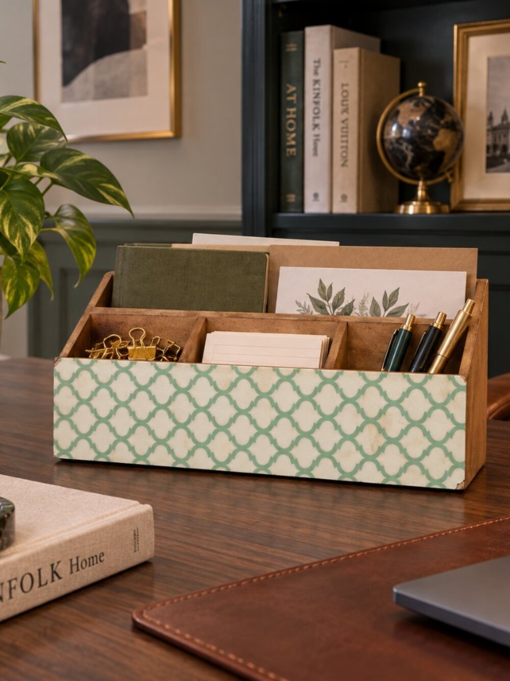 wooden desk and mail organizer featuring a teal-and-white trellis pattern
